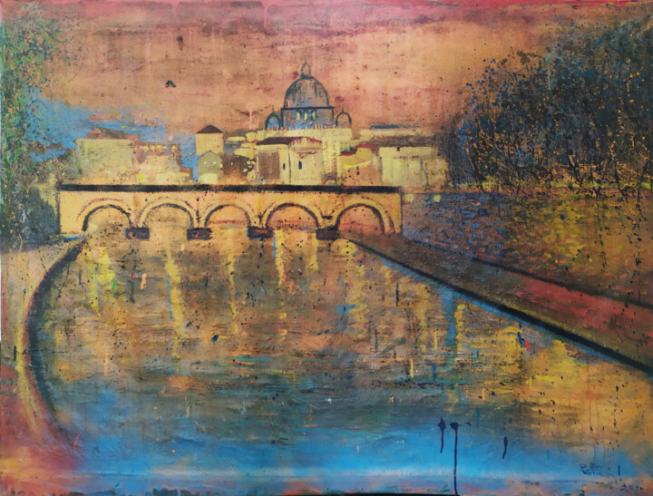 「Rome Bridge over th…」というタイトルの絵画 Giuseppe Valiaによって, オリジナルのアートワーク, アクリル