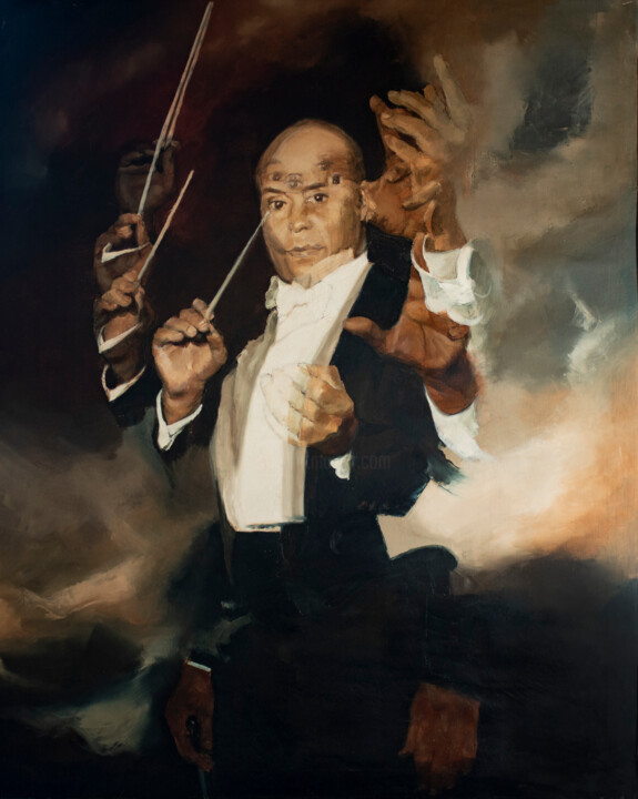 Painting titled "Direttore d'Orchest…" by Golgota, Original Artwork, Oil Mounted on Wood Stretcher frame