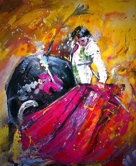 Schilderij getiteld "Bullfight 09" door Miki De Goodaboom, Origineel Kunstwerk, Olie