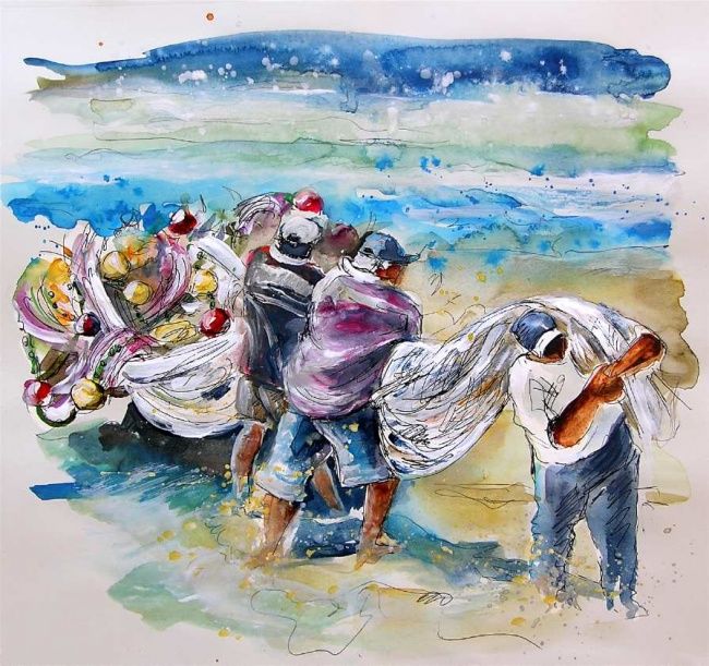 Pittura intitolato "Fishermen in Praia…" da Miki De Goodaboom, Opera d'arte originale, Olio