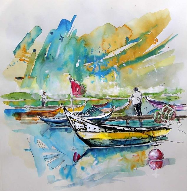 Pintura titulada "Boats in Torreira" por Miki De Goodaboom, Obra de arte original, Tinta