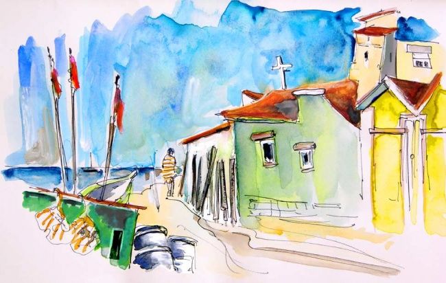 Schilderij getiteld "Harbour in Vila Cha" door Miki De Goodaboom, Origineel Kunstwerk, Olie