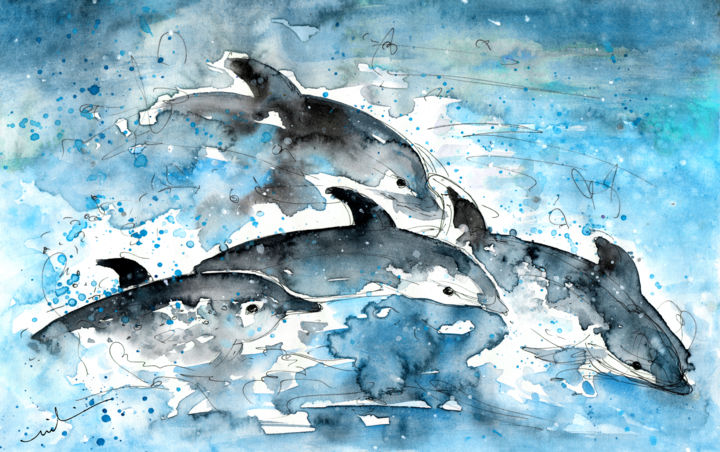 Peinture intitulée "Dolphins in Gran Ca…" par Miki De Goodaboom, Œuvre d'art originale, Huile