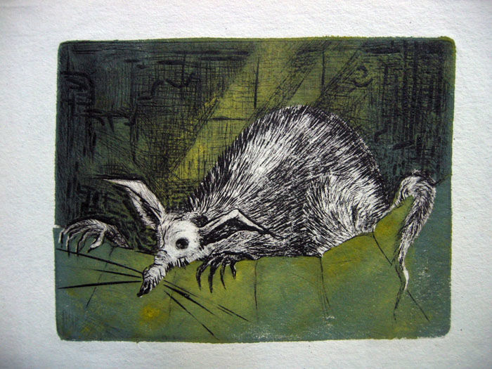 Druckgrafik mit dem Titel "Green Rat #ArtistSu…" von Goran Nemarnik, Original-Kunstwerk, Linoldrucke