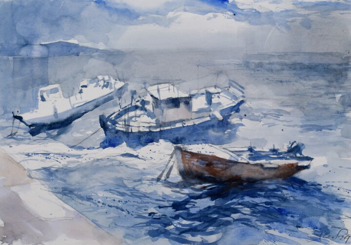 Pintura titulada "Three boats at stor…" por Goran Žigolić (watercolors), Obra de arte original, Acuarela