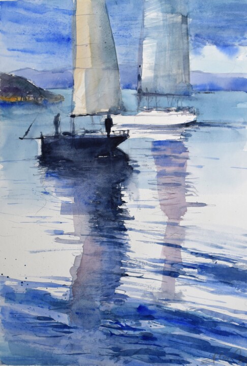 Malerei mit dem Titel "Two sailboats" von Goran Žigolić (watercolors), Original-Kunstwerk, Aquarell