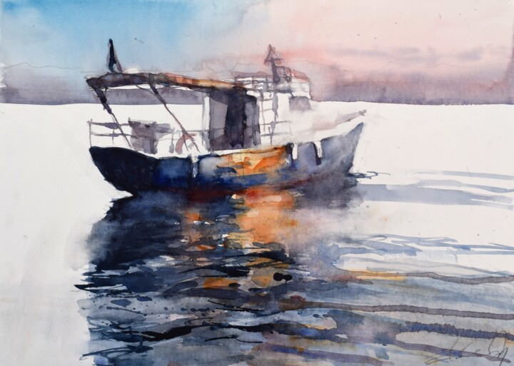 Painting titled "Ship in sunset" by Goran Žigolić (watercolors), Original Artwork, Watercolor