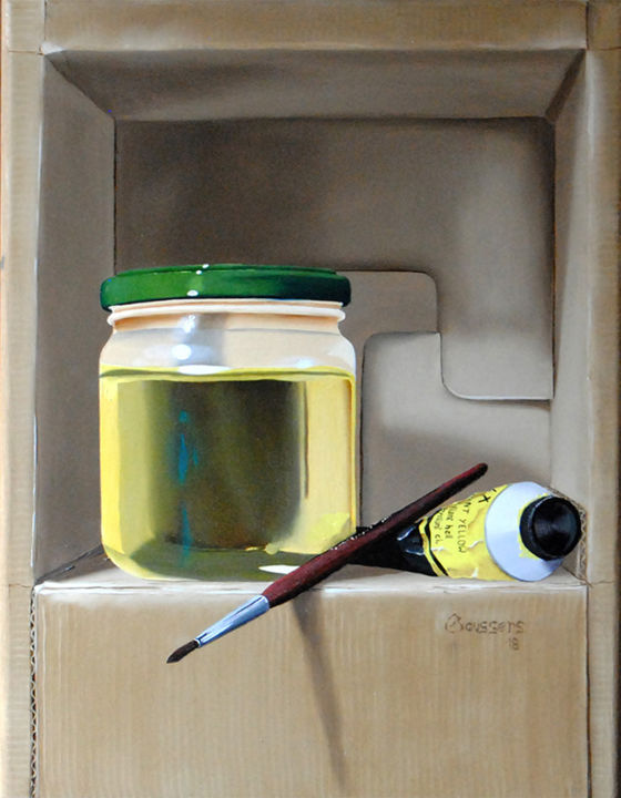 Painting titled "Boite à peinture" by Alain Goussens, Original Artwork, Oil Mounted on Wood Stretcher frame