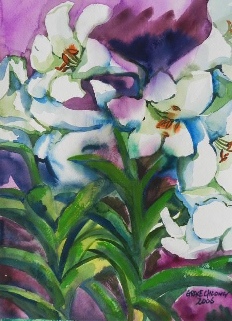 Peinture intitulée "White Lilies" par Grace Choong, Œuvre d'art originale, Huile