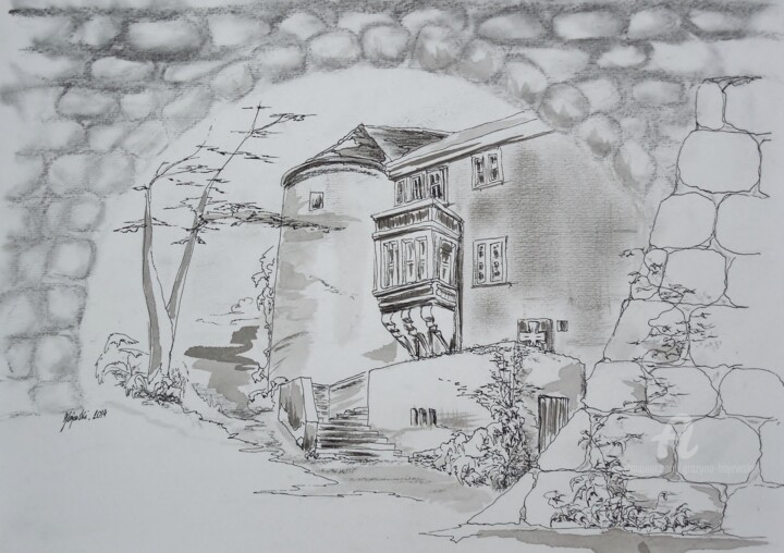 Dibujo titulada "wasserburg-neuhaus-…" por Grazyna Hajewski, Obra de arte original, Carbón