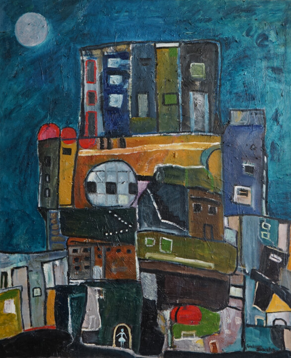 Painting titled "Miasto" by Grażyna Sokulska, Original Artwork, Oil