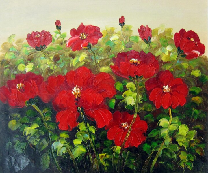 Malarstwo zatytułowany „Red Flower 104” autorstwa Greg Leander, Oryginalna praca, Olej Zamontowany na Drewniana rama noszy