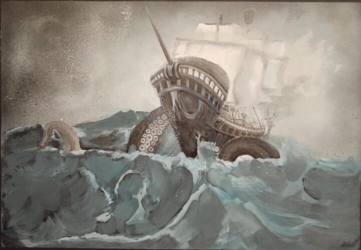 Painting titled "L'attaque du kraken" by Grotesk, Original Artwork, Gouache