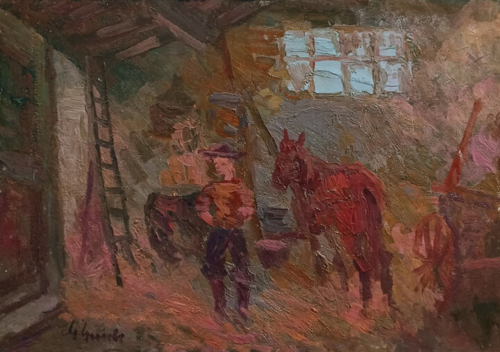 Pintura titulada "In the stable - Old…" por Guido Guidi, Obra de arte original, Oleo Montado en Panel de madera
