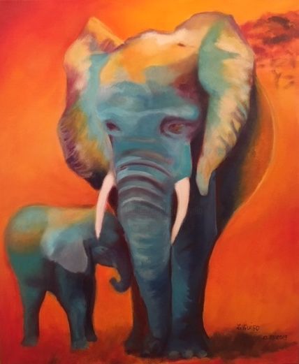 Painting titled "Elephants bleus" by Lydia Guigo, Original Artwork, Oil