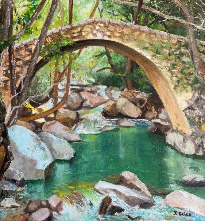 Malerei mit dem Titel "Pont et rivière" von Lydia Guigo, Original-Kunstwerk, Öl Auf Keilrahmen aus Holz montiert