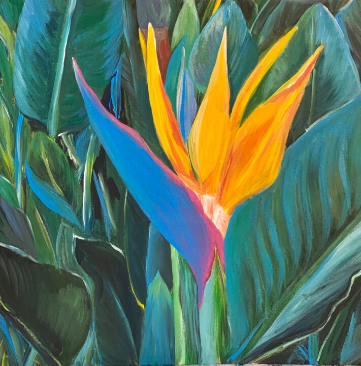 Painting titled "Tropical flower" by Gulia Abduganieva, Original Artwork, Acrylic Mounted on Cardboard