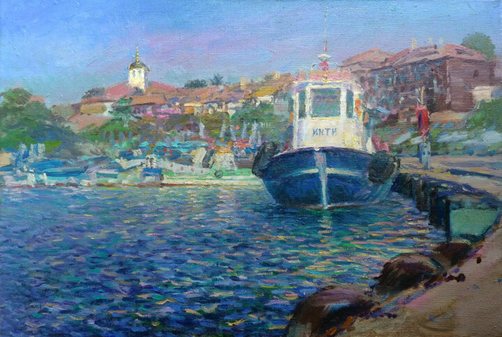 Painting titled "Evening pier" by Gunchenko, Original Artwork, Oil Mounted on Wood Stretcher frame