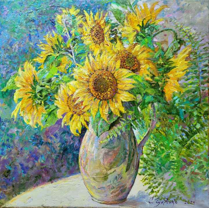 Painting titled "Sunflowers" by Gunchenko, Original Artwork, Oil Mounted on Wood Stretcher frame