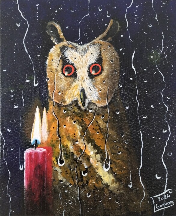 Pintura intitulada "Owl 2" por Gurvanart, Obras de arte originais, Acrílico Montado em Armação em madeira