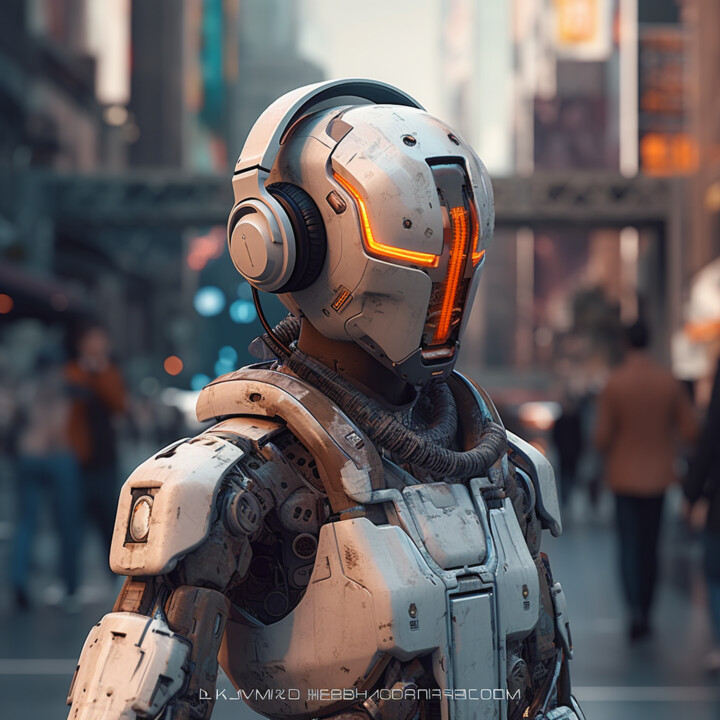 「Robot in Streets」というタイトルのデジタルアーツ Guzeによって, オリジナルのアートワーク, AI生成画像