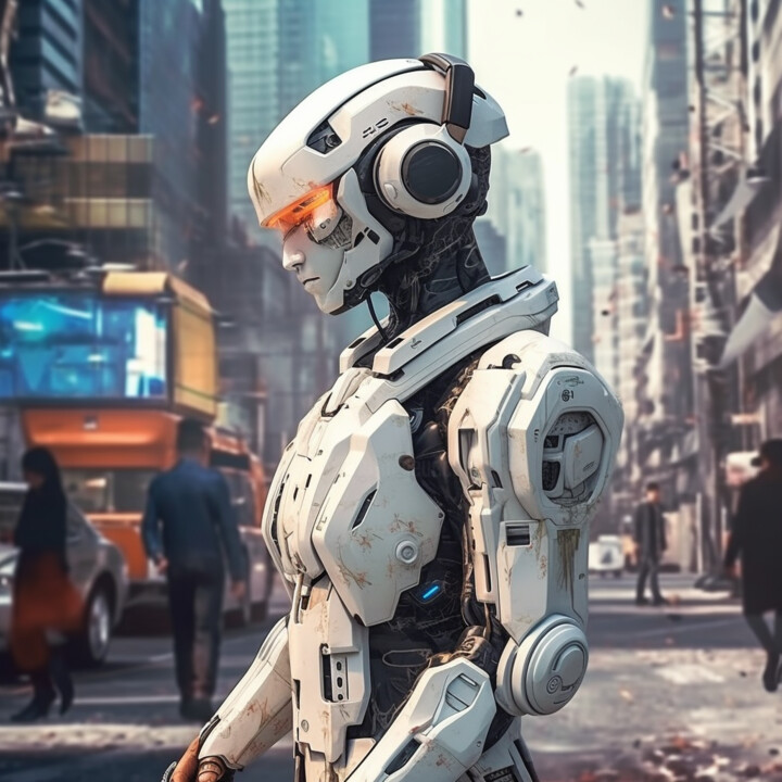 「Robot in Streets 3」というタイトルのデジタルアーツ Guzeによって, オリジナルのアートワーク, AI生成画像