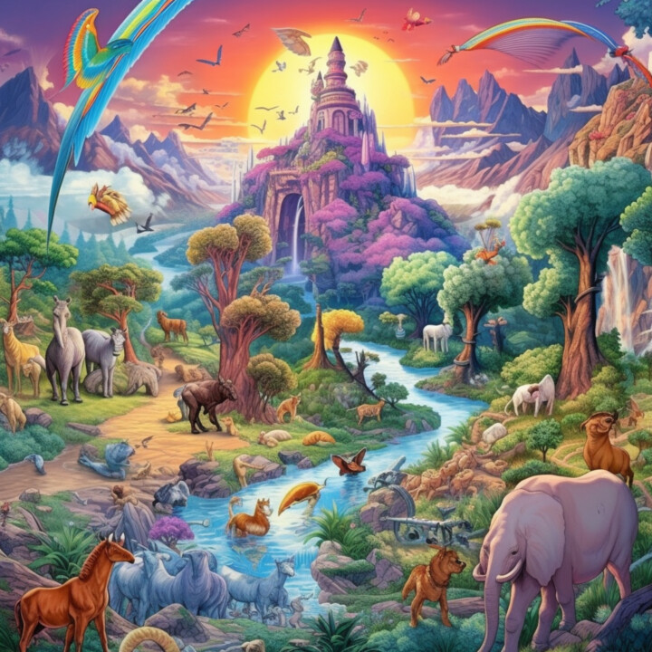 Digitale Kunst getiteld "Fantasy Landscape 2" door Guze, Origineel Kunstwerk, AI gegenereerde afbeelding