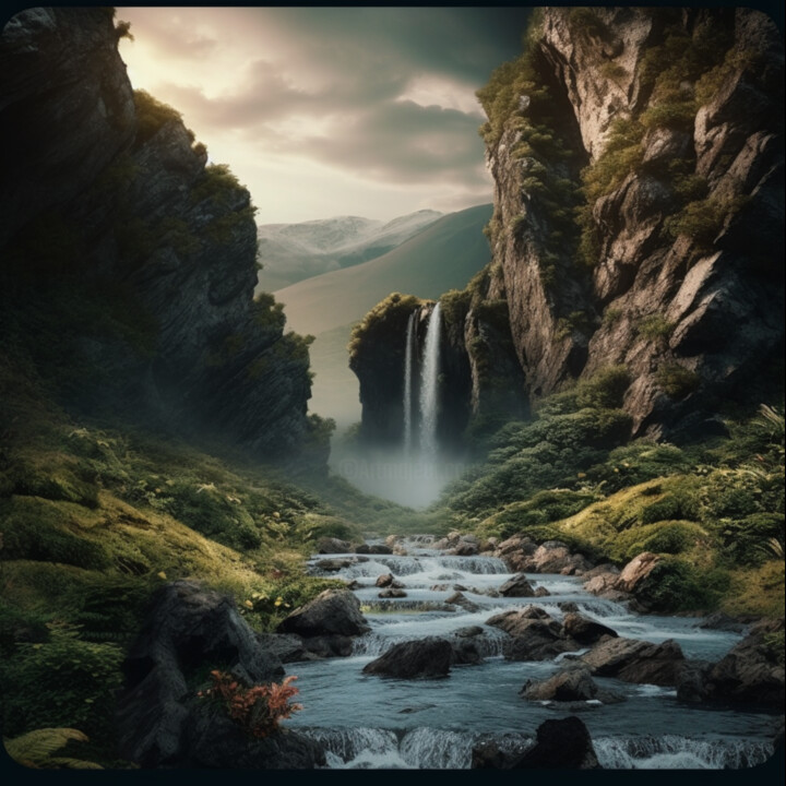 「Waterfall 3」というタイトルのデジタルアーツ Guzeによって, オリジナルのアートワーク, AI生成画像