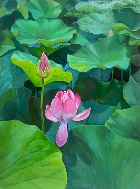 Painting titled "Lotuses. Pond. Time…" by Guzel Min, Original Artwork, Oil