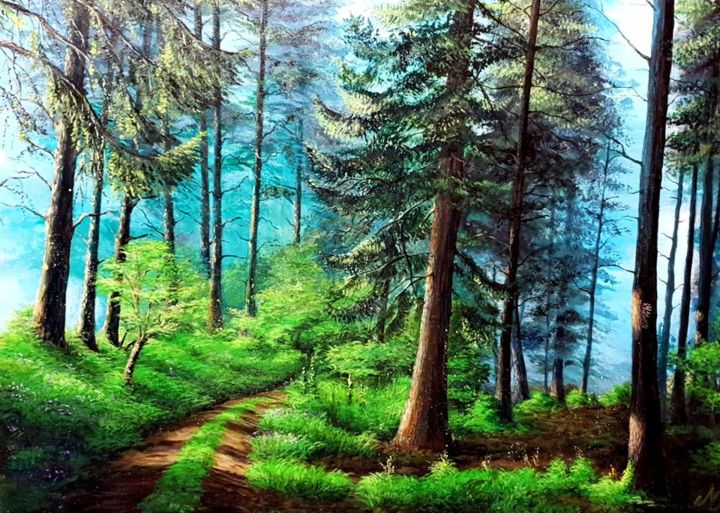 绘画 标题为“Pine forest” 由Györgyi Miklós, 原创艺术品, 丙烯 安装在木板上