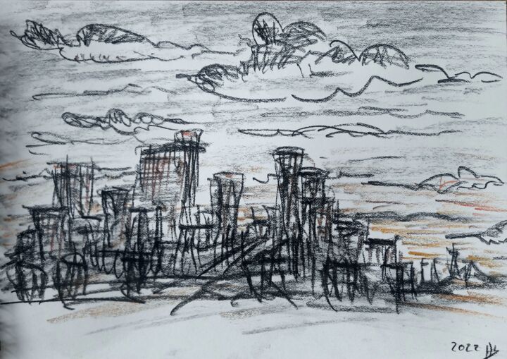 Dessin intitulée "Dark cities #01" par Herve L (Achel), Œuvre d'art originale, Conté