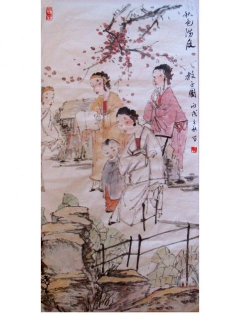 Pintura titulada "仕女（教子图）" por Hu Chen, Obra de arte original