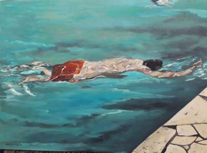 Painting titled "Hombre nadando en l…" by Hamlet Sauvage Max, Original Artwork, Oil