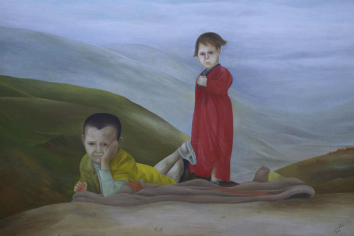 Peinture intitulée "enfants et montagne" par Hamza Rhani, Œuvre d'art originale, Huile