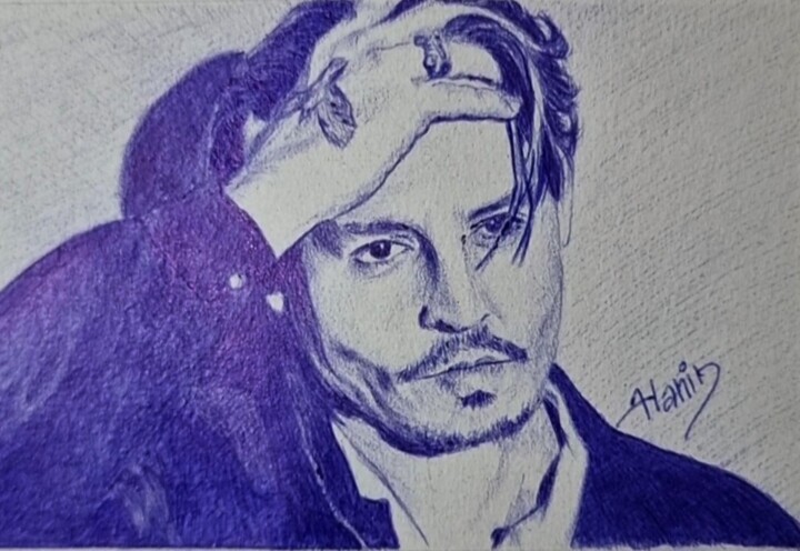 Disegno intitolato "Portrait au stylo b…" da Hanin, Opera d'arte originale, Biro Montato su Vetro