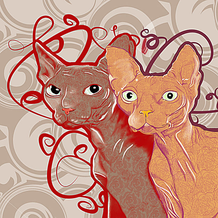 Digitale Kunst getiteld "Sphynx Cats" door Hanisa Imamovic, Origineel Kunstwerk, Digitaal Schilderwerk