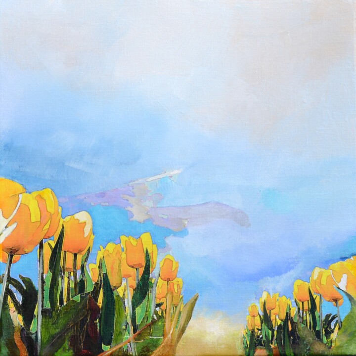 Painting titled "Field with yellow t…" by Hanneke Pereboom, Original Artwork, Acrylic