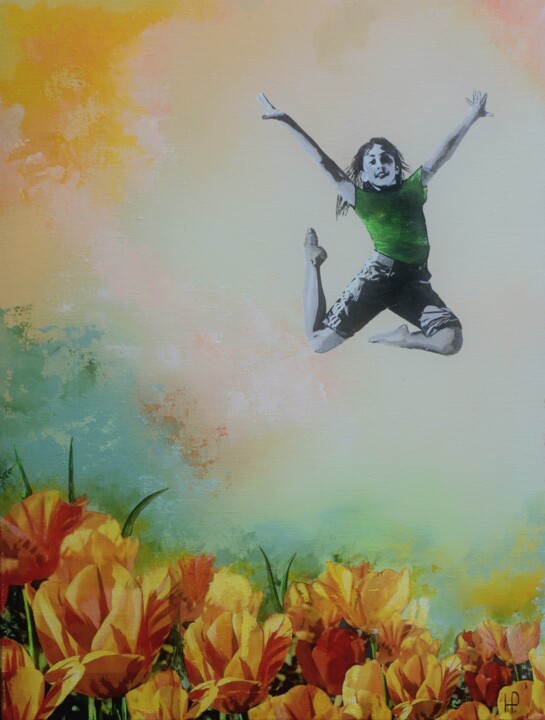 Painting titled "Jumping in the tuli…" by Hanneke Pereboom, Original Artwork, Acrylic Mounted on Wood Stretcher frame