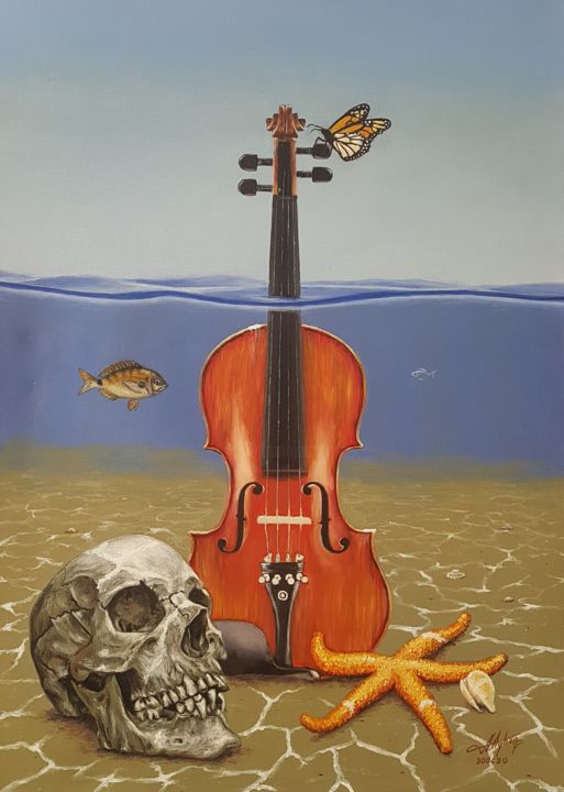 Painting titled "violin and skull un…" by Harun Ayhan, Original Artwork, Oil