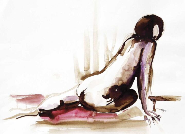 Drawing titled "Femme nu violet" by Stéphane Hauton (O), Original Artwork, Watercolor