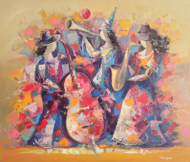 Painting titled "Jazz trio" by Hayk Miqayelyan, Original Artwork, Oil Mounted on Wood Stretcher frame