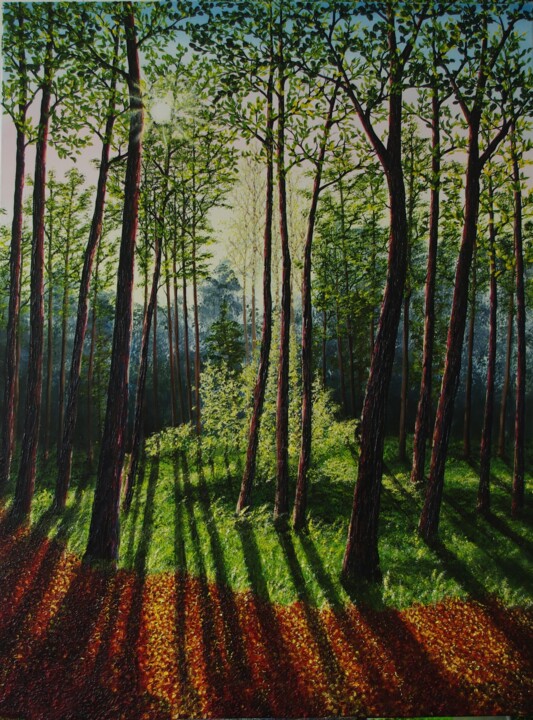 Painting titled "Woodland Shadows" by Hazel Thomson, Original Artwork, Oil Mounted on Wood Stretcher frame