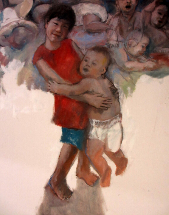Peinture intitulée "Sister Hugging & Pl…" par Heng Eowlin, Œuvre d'art originale