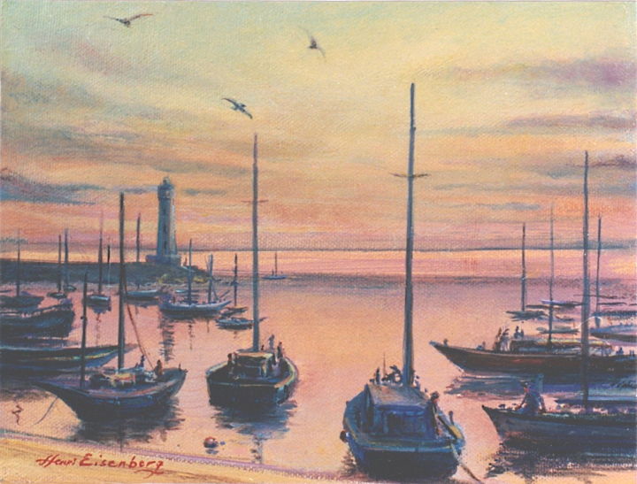 Painting titled "Port au crépuscule" by Henri Eisenberg, Original Artwork, Acrylic Mounted on Wood Stretcher frame