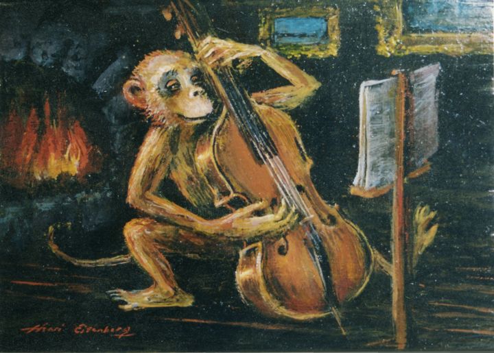 Картина под названием "Singe violoncelliste" - Henri Eisenberg, Подлинное произведение искусства, Акрил Установлен на Деревя…