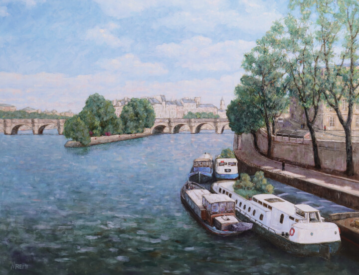 Painting titled "Paris: Quais de Sei…" by Henri Remi, Original Artwork, Oil Mounted on Wood Stretcher frame