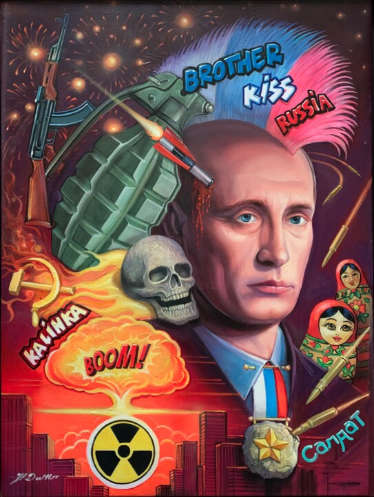 Malerei mit dem Titel "Putins Krieg" von Herbert Duttler, Original-Kunstwerk, Öl Auf Keilrahmen aus Holz montiert