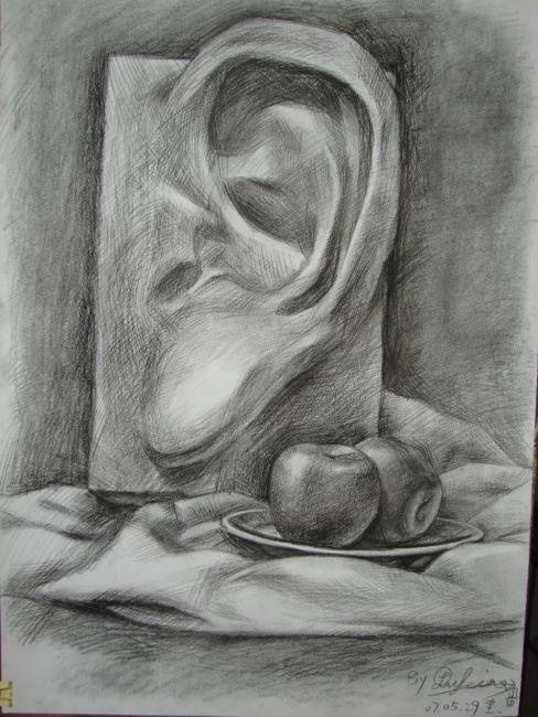素描 背景是布的石膏耳朵和碟子上的两个苹果malerei Von 田梁 Artmajeur