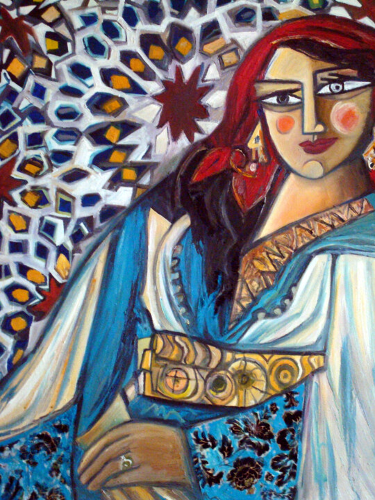 Painting titled "La femme au foulard…" by Hind Elamaoui, Original Artwork, Oil