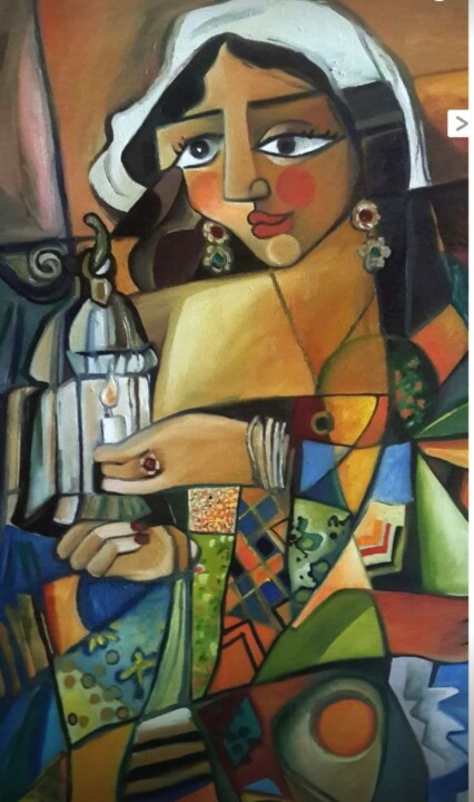 Painting titled "Femme et lanterne" by Hind Elamaoui, Original Artwork, Oil